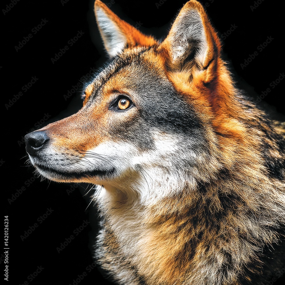 Fototapeta premium Majestic Golden Jackal Portrait: A close-up profile shot against a stark black backdrop emphasizing its wild beauty.