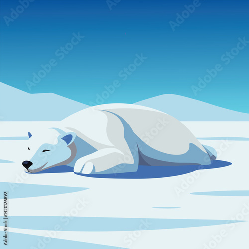 A solitary polar bear lies stretched out on a vast, white snowy expanse under a pale sky.