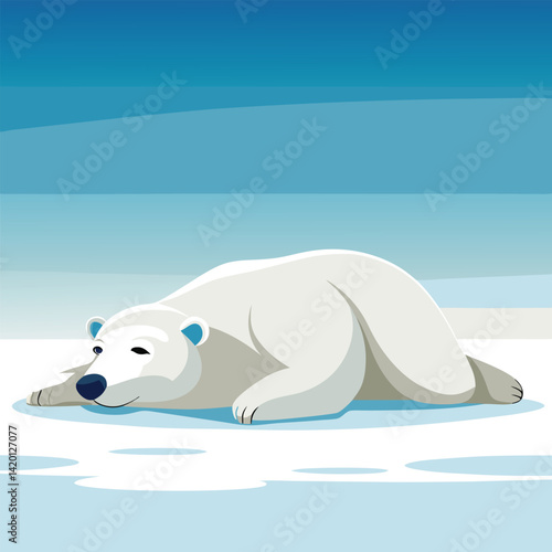 A solitary polar bear lies stretched out on a vast, white snowy expanse under a pale sky.