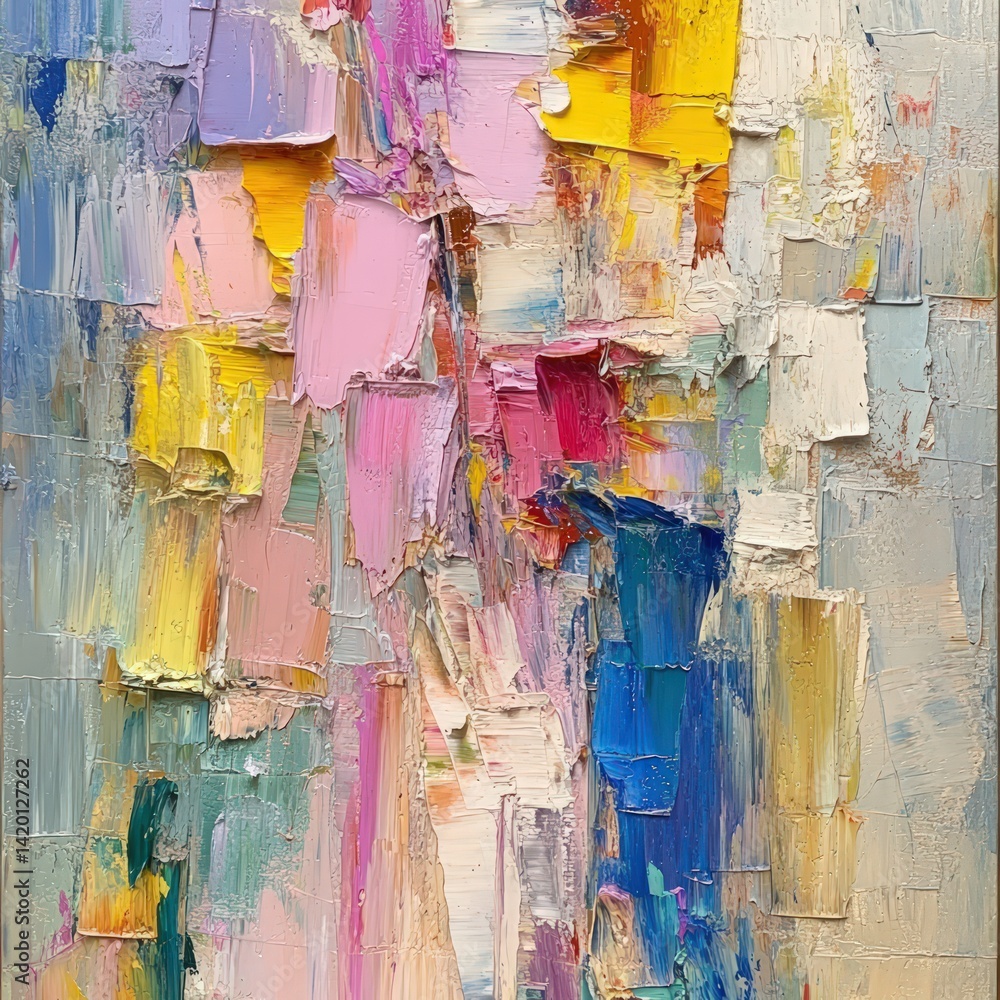 Abstract painting with vibrant colors and textured brushstrokes creating a dynamic composition.