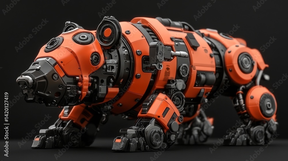 Fototapeta premium A detailed mechanical bull, characterized by its orange and black metal parts, stands in the shadows against a dark backdrop