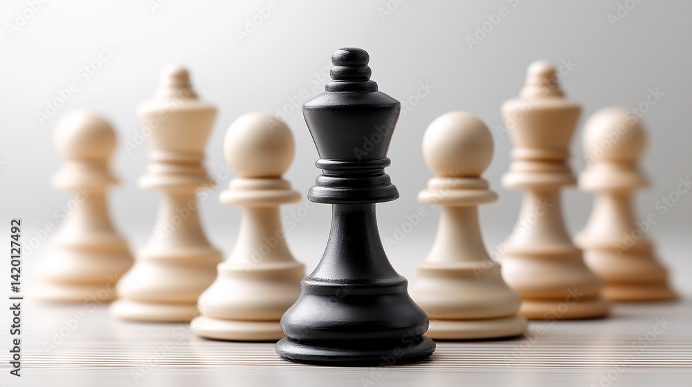 Black king chess piece standing in front of white chess pieces Black king chess piece standing in front of white chess pieces