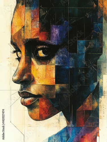 Portrait of a person with colorful geometric patterns on their face.