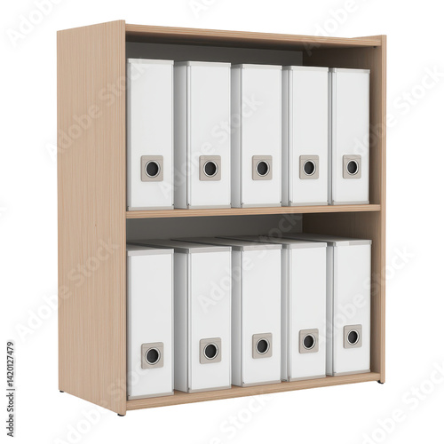 Modern wooden bookshelf with two shelves filled with white storage binders for office organization and document management on transparent background