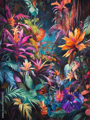 多様な熱帯植物が色とりどりに咲き誇る豊かな密林の様子。