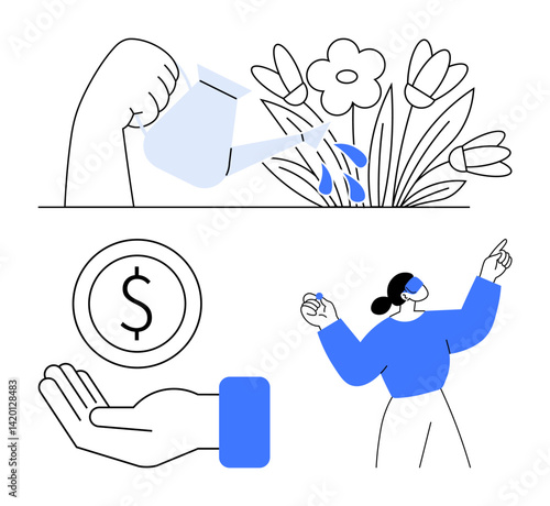 Hand watering flowers, open hand with coin symbol, woman gesturing upward. Ideal for growth, finance, learning, investment, nurturing success sustainability. Perfect for a simple landing page