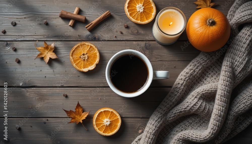 Cozy Autumn Table Setting With Coffee, Orange Slices, Candle, and Knit Blanket on Wooden Surface Cozy Autumn Table Setting With Coffee, Orange Slices, Candle, and Knit Blanket on Wooden Surface