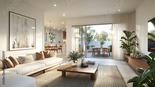 Obraz na płótnie This minimalist living room with natural elements promotes serene urban living. Ideal for interior design blogs or real estate listings, it blends functionality and aesthetics for modern comfort. w salonie