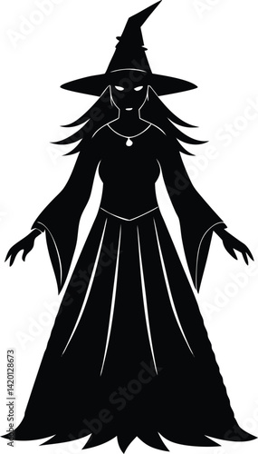 Silhouette of a Witch Figure with Hat in a Mysterious Pose