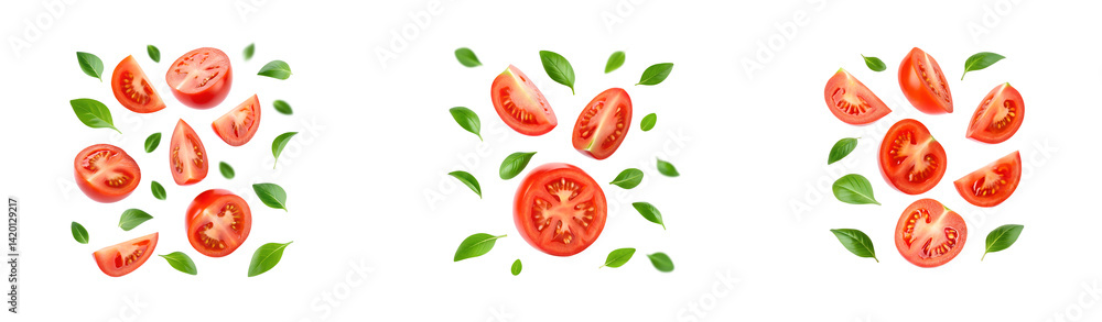 Naklejka premium Fresh tomato slices and basil leaves falling on a white background composition