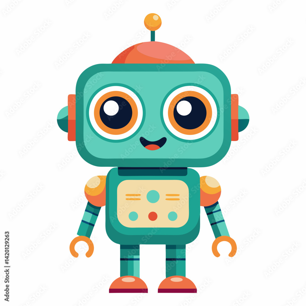 Fototapeta premium Cute Cartoon Robot Illustration in Turquoise and Orange for Digital Art.