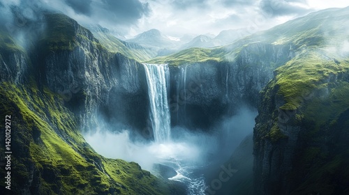 Majestic Waterfall in a Lush Mountain Canyon