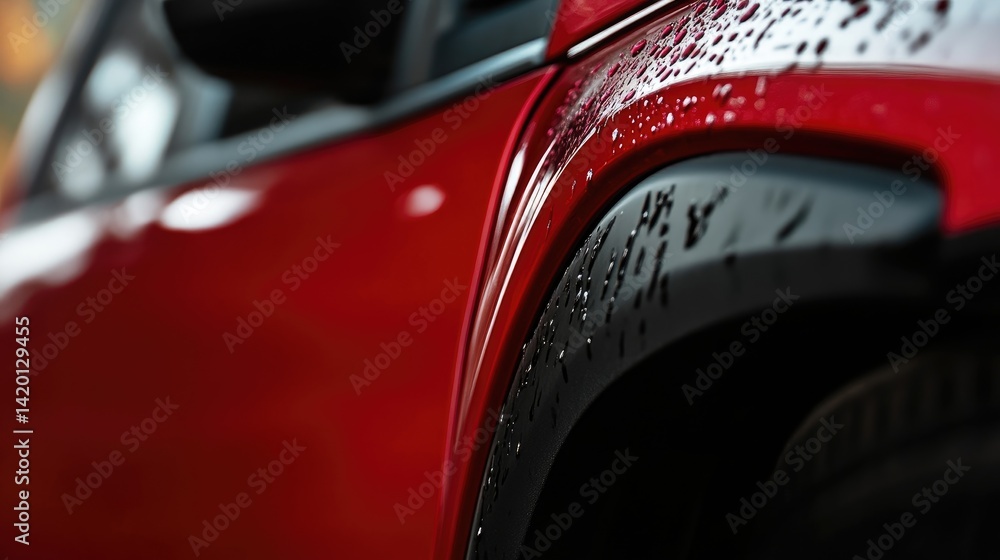 Obraz premium Close-up of a vibrant red car's side panel, showing wet paint and mudguards
