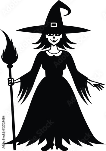 Silhouette of a Witch Figure with Hat in a Mysterious Pose