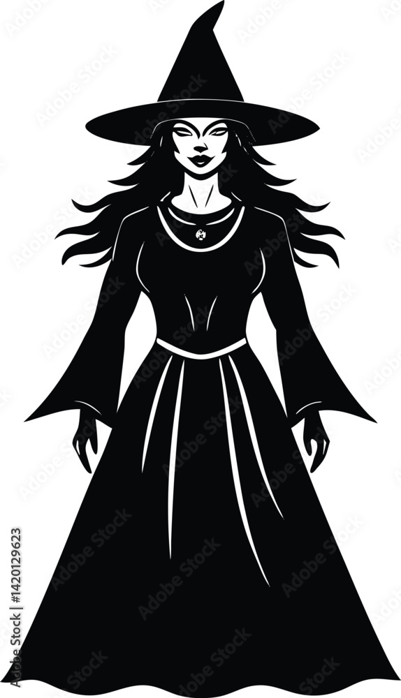 Silhouette of a Witch Figure with Hat in a Mysterious Pose Silhouette of a Witch Figure with Hat in a Mysterious Pose
