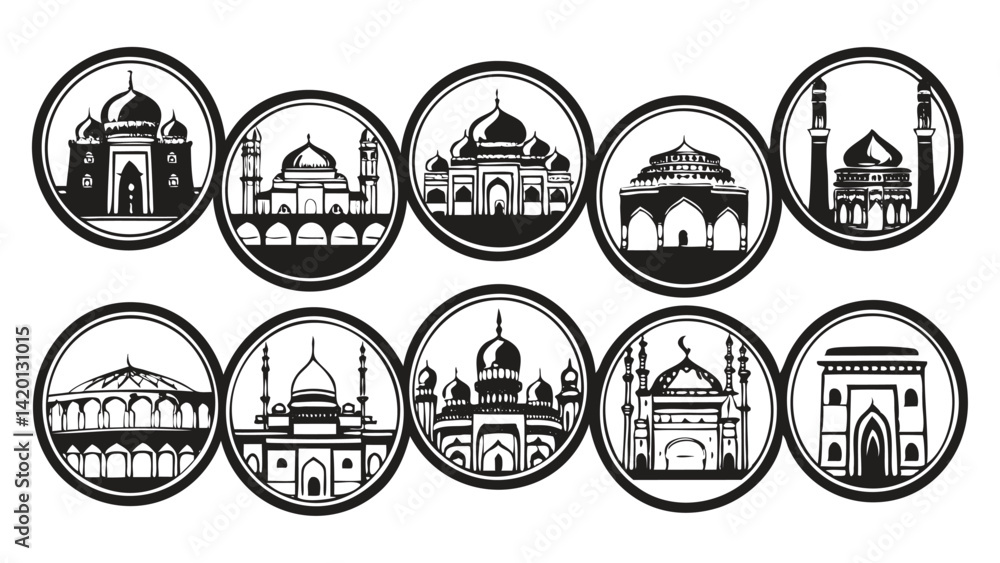 Naklejka premium Black and White Mosque Icons in Circle Format