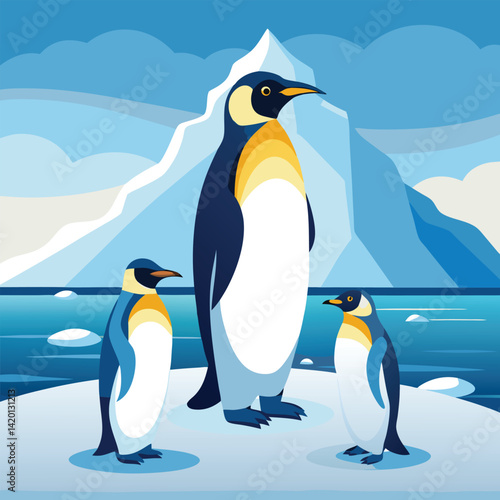 Three emperor penguins stand close together on the Antarctic ice, facing a lone smaller penguin in the distance under a clear, pale blue sky.
