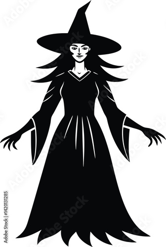 Silhouette of a Witch Figure with Hat in a Mysterious Pose