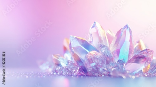 Cluster of iridescent crystals in soft pastel hues.  Delicate,faceted gems nestled together, creating an ethereal display.  Soft lighting accentuates the crystalline structure