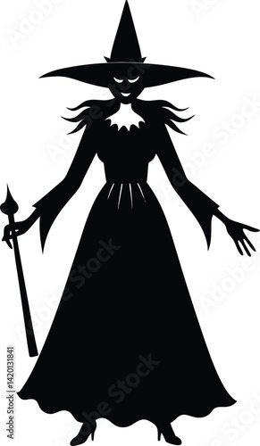 Silhouette of a Witch Figure with Hat in a Mysterious Pose