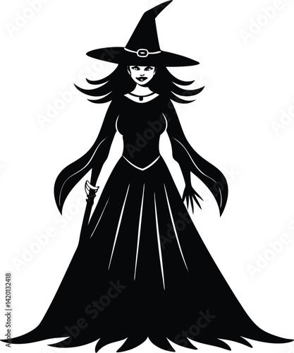 Silhouette of a Witch Figure with Hat in a Mysterious Pose