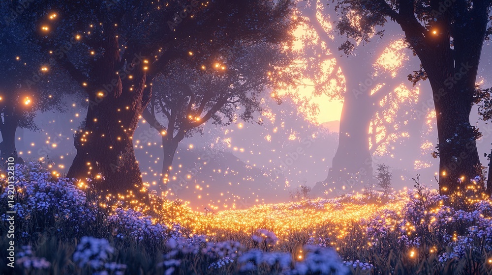 Obraz premium Enchanted Forest with Glowing Fireflies