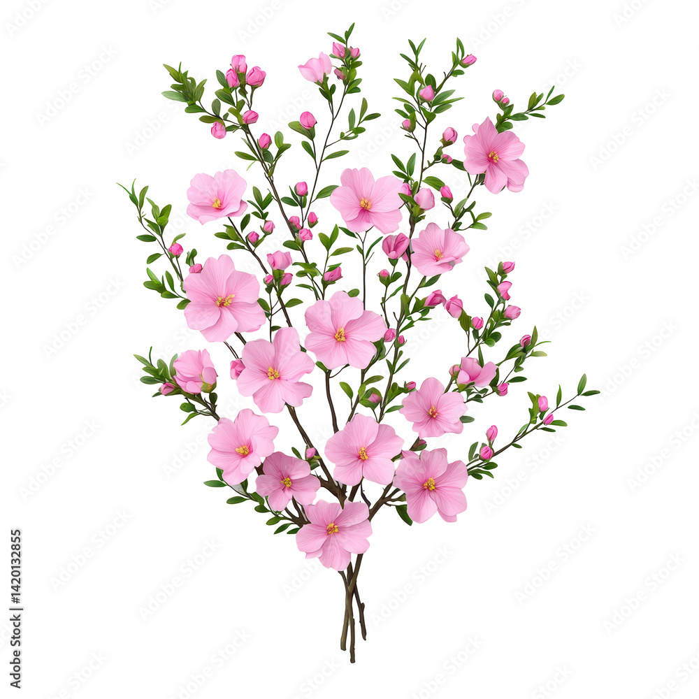 Beautiful pink flowering shrub with delicate blossoms and green leaves, perfect for springtime garden decorations or floral arrangements, vibrant natural display on transparent background Beautiful pink flowering shrub with delicate blossoms and green leaves, perfect for springtime garden decorations or floral arrangements, vibrant natural display on transparent background