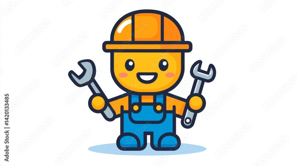 Illustration of a cheerful worker dressed in overalls, grasping a wrench, on a background of dark blue Illustration of a cheerful worker dressed in overalls, grasping a wrench, on a background of dark blue