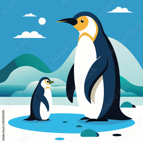 Two emperor penguins curiously observe a small plant sprouting from the Antarctic ice under a clear blue sky with a single cloud.