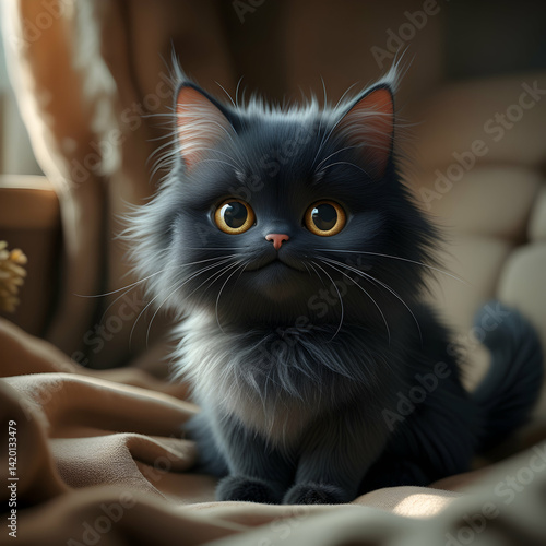 adorable gray-colored fluffy kitten with bright jewel-like eyes and tiny nose, resting in warm cozy lighting, soft textures, shallow depth of field, cute expression, whimsical pet portrait, hd
