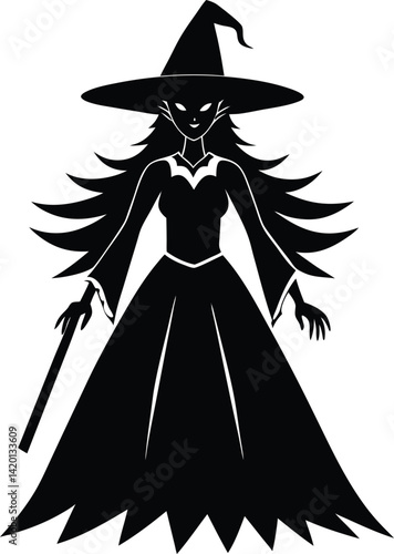 Silhouette of a Witch Figure with Hat in a Mysterious Pose