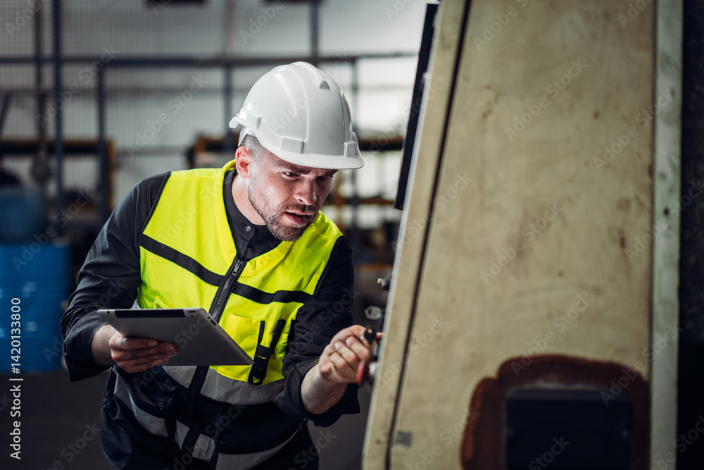 Engineer using a tablet in the factory. Technicians are fixing the engine. Engineer using a tablet in the factory. Technicians are fixing the engine.