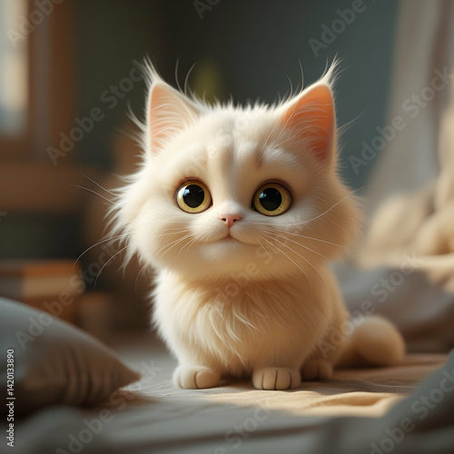 adorable cream-colored fluffy kitten with bright jewel-like eyes and tiny nose, resting in warm cozy lighting, soft textures, shallow depth of field, cute expression, whimsical pet portrait, hd