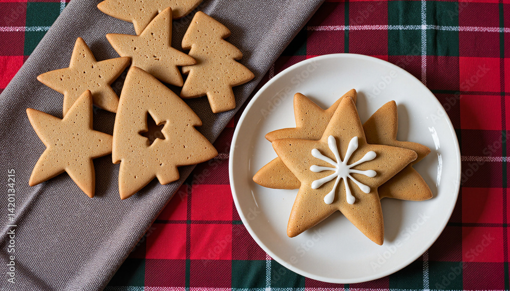 Gingerbread cookies shaped like stars and trees decorated with white icing on a ceramic plate placed over a tartan tablecloth, Christmas Gingerbread cookies shaped like stars and trees decorated with white icing on a ceramic plate placed over a tartan tablecloth, Christmas