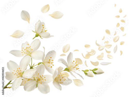 Beautiful jasmine flowers gracefully scatter, creating serene and enchanting atmosphere filled with delicate petals