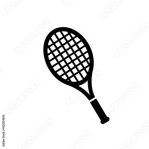 Black silhouette icon of a tennis racket with oval head and grip handle in clean vector sports style
