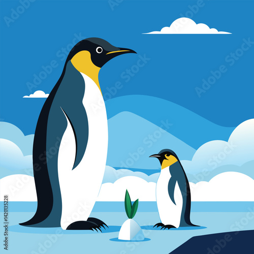Two emperor penguins curiously observe a small plant sprouting from the Antarctic ice under a clear blue sky with a single cloud.
