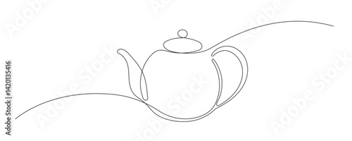 Line Art Teapot. Curve Continuous Line Doodle Sketch Tea Pot. Editable Outline Drink Teapot Silhouette. Tea or Coffee Breakfast Hot Morning Beverage Drink Pot. Cafe Menu Ceramic Decoration. Cozy Home 