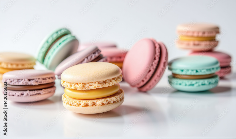 Obraz premium A row of colorful macarons are arranged on a white background. The macarons are of different colors and flavors, including pink, yellow, and green. Concept of variety and abundance