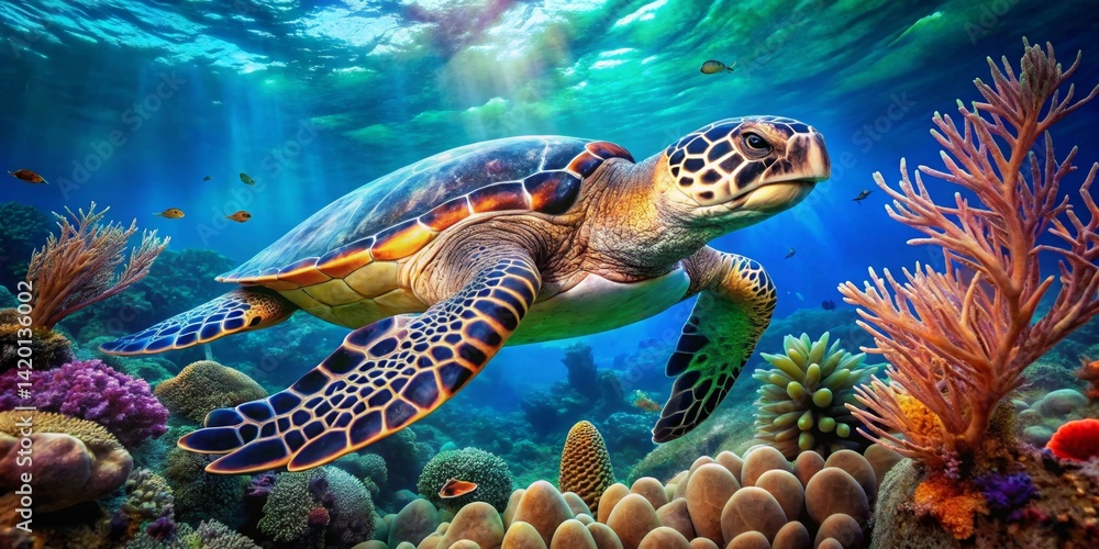 Fototapeta premium Majestic Sea Turtle Gracefully Navigating Vibrant Coral Reef Ecosystem