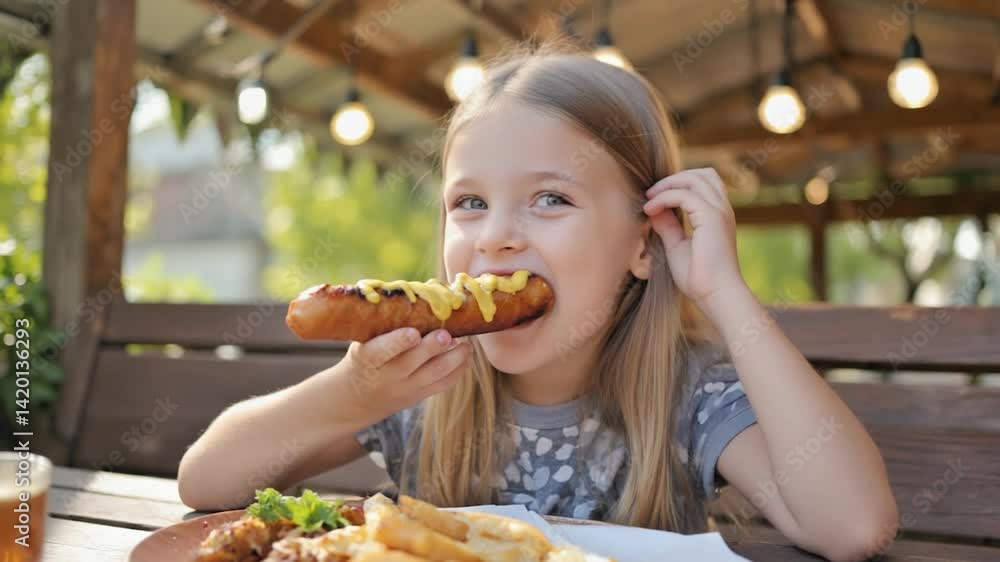 Girl eating sausage outdoors at a cafe Girl eating sausage outdoors at a cafe