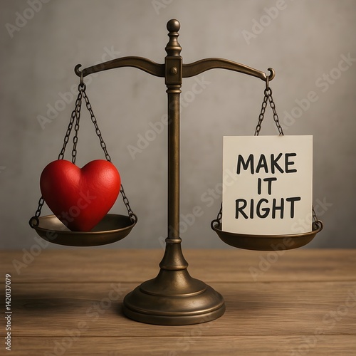 A hyper-realistic balance scale features a heart delicately resting on one side, and a handwritten note reading “Make it Right” on the other visually portraying the concept of emotional accountability