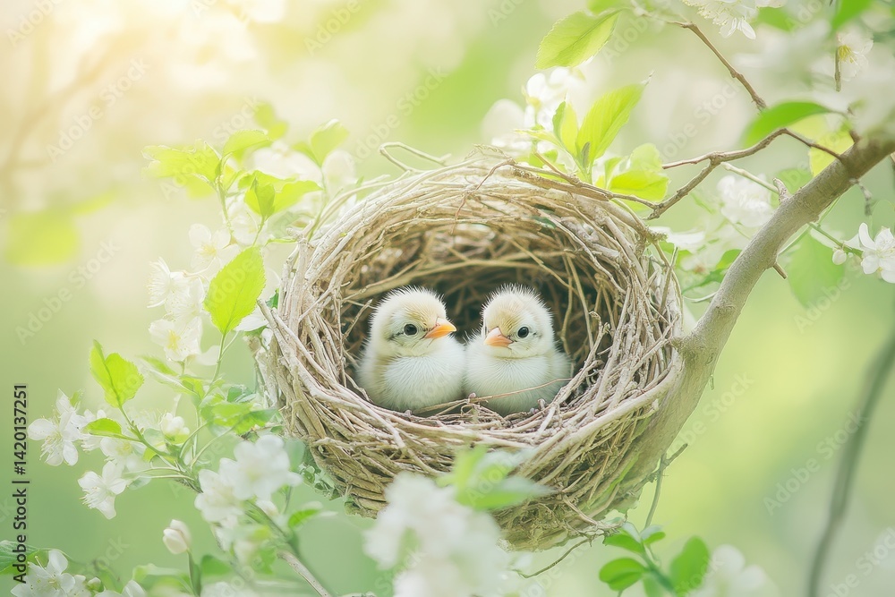 Two baby birds nestled comfortably in a springtime nest. Two baby birds nestled comfortably in a springtime nest.