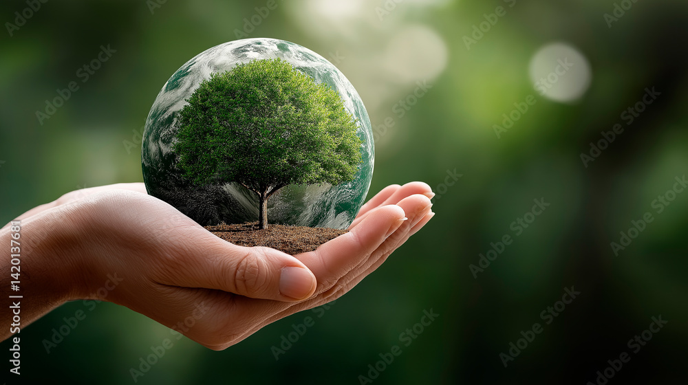 Hands holding green earth globe with growing tree: environmental conservation concept Hands holding green earth globe with growing tree: environmental conservation concept