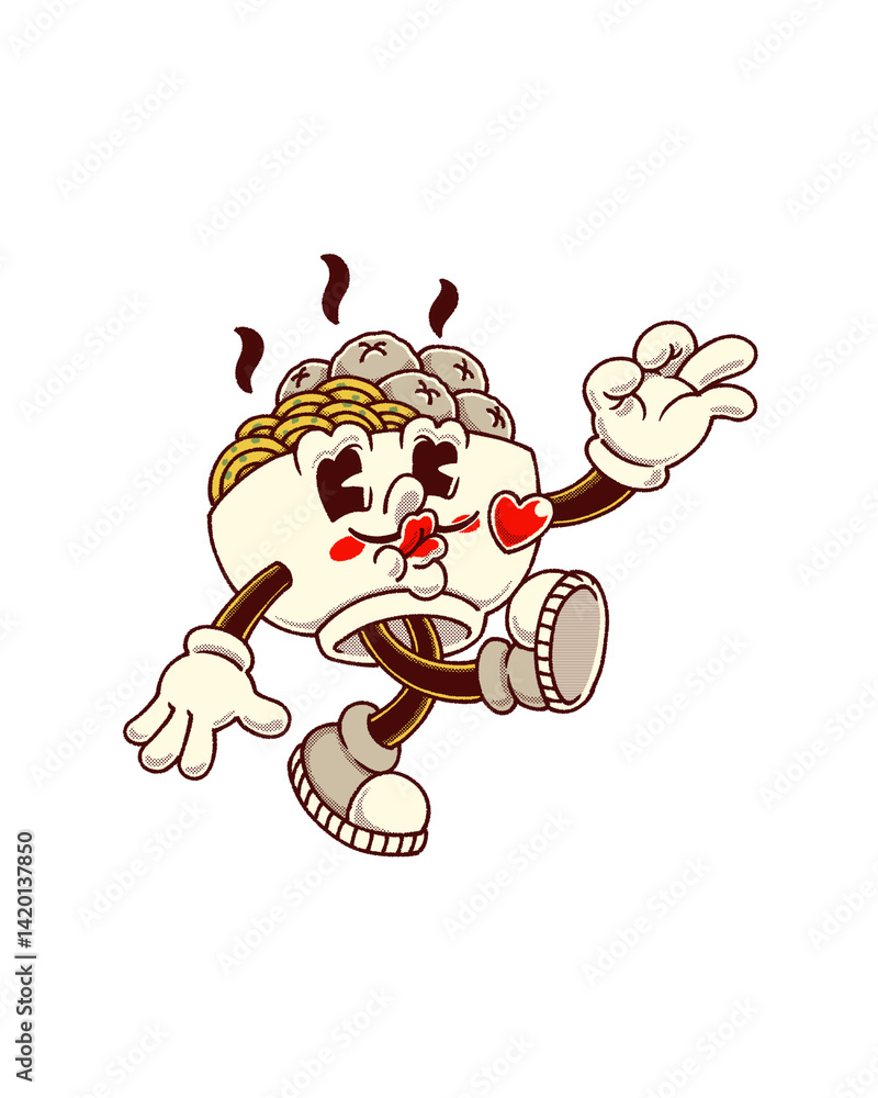 Naklejka premium A charming vintage cartoon-style character designed as a happy dim sum dumpling, striking a playful pose with heart cheeks and a peace sign, radiating fun and affection.