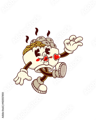 Tableau sur toile A charming vintage cartoon-style character designed as a happy dim sum dumpling, striking a playful pose with heart cheeks and a peace sign, radiating fun and affection