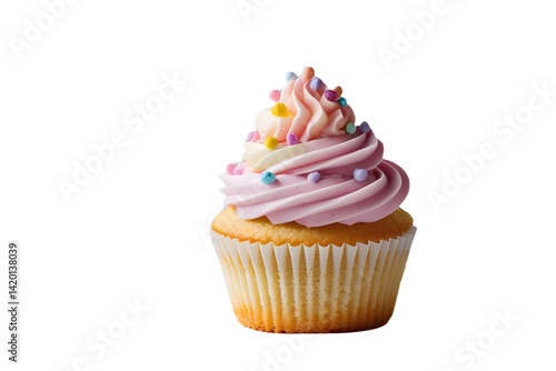 Delectable vanilla cupcake with sprinkles on isolated transparent background