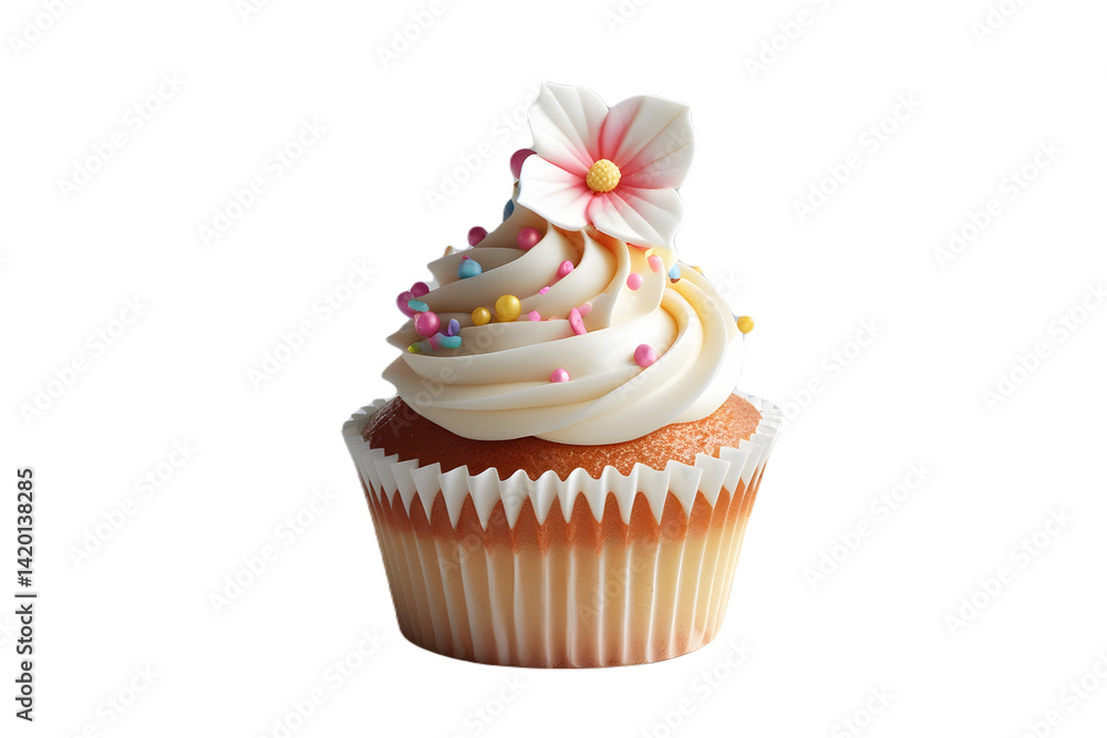 Elegant Cupcake with Vanilla Frosting, Sprinkles, and Flower – Isolated Dessert, Delectable vanilla cupcake with sprinkles on isolated transparent background Elegant Cupcake with Vanilla Frosting, Sprinkles, and Flower – Isolated Dessert, Delectable vanilla cupcake with sprinkles on isolated transparent background