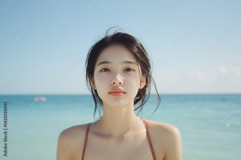 An Asian woman enjoying the sun in a swimsuit with a vast ocean behind her An Asian woman enjoying the sun in a swimsuit with a vast ocean behind her