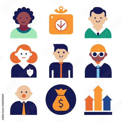 A diverse team celebrates financial growth with vibrant, simple icons depicting upward trends and prosperity.